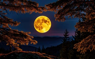 Картинка полная луна, ночное небо, 2k, каменная поверхность, горные вершины, золотистая луна, силуэты деревьев, 1920х1080, тёмно-синее небо, рабочий стол, 4k, тёмные горы, 16:9, лунный свет, природный пейзаж, хвойные ветви, скалистый выступ, хвойный лес, величественная луна, HD, еловые ветви, контраст света и тени, ель, ИИ, жёлтый лунный диск, мистическая атмосфера, ночной пейзаж, нейросеть