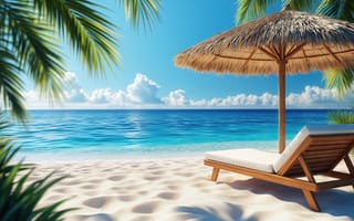 Картинка пляж, песчаный пляж, HD, тропические листья, деревянный шезлонг, пляжный зонт, море, 1920х1080, ИИ, пляжная атмосфера, лазурное небо, соломенный зонт, нейросеть, бирюзовая вода, белая подушка, прибой, белый песок, тропический пейзаж, 4k, океан