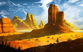 Картинка дикий запад, рисунок, ковбой, скалы, рендеринг, песок, солнечный день, шляпа, горы