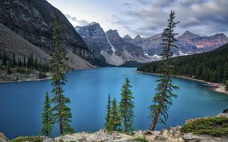 Картинка Lake Moraine, Альберта, Озеро Морейн, Канада, горы, Canada, скалы, пейзаж, деревья, озеро