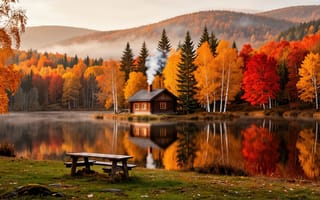 Картинка осень, пейзаж, 16:9, холмы, туман, листва, 4k, хижина, пруд, HD, нейросеть, костер, пикник, скамейка, багрянец, ИИ, отражение, 2k, листопад, ели, избушка, вода, горы, золото, природа, березы, лавочка, уют, дым, 1920х1080, дом, рабочий стол, тишина, покой