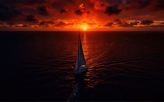 Картинка закат, море, облака, спокойствие, след на воде, волны, алый закат, парус, парусник, 4k, природа, HD, морской пейзаж, 1920х1080, 16:9, романтика, яхта, небо, рабочий стол, океан, парус на закате, 2k, отражение, ИИ, глубина, путешествие, огненные тона, нейросеть, закат над морем, линия горизонта, горизонт, одинокий парус, солнце, сумеречный свет, водная гладь