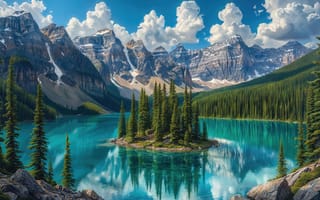Картинка пейзаж, горы, 4k, скалистые вершины, Банф, долина, 2k, облака, снег, ели, Скалистые горы, ИИ, голубое небо, простор, остров, Канада, 1920х1080, хвойный лес, природа, отражение, бирюзовая вода, 16:9, озеро, зелень, скалы, рабочий стол, HD, хвойные деревья, Озеро Морен, Морейн-Лейк, национальный парк, ледниковое озеро, высота, нейросеть, лес