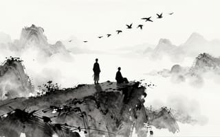 Картинка пейзаж, горы, полет, монохром, природа, HD, стая, эстетика, фигуры, нейросеть, стоящий, черно-белое, сидящий, спокойствие, 4k, минимализм, вершина, созерцание, тушь, облака, силуэт, восточная графика, абстракция, китайская живопись, 1920х1080, рабочий стол, птицы, утес, путники, ИИ, скалы, 16:9, суми-э, 2k, туман, гармония, дымка