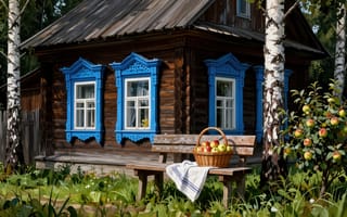 Картинка деревенский дом, бревенчатая изба, 4k, полотенце в полоску, деревянная скамейка, рабочий стол, сельская идиллия, русская деревня, синие наличники, берёзы, зелёная трава, HD, плетёная корзина, окна с наличниками, 16:9, корзина с яблоками, белоствольные берёзы, сочная зелень, резные наличники, 2k, ИИ, нейросеть, яблоня, летний пейзаж, спелые яблоки, 1920х1080, деревянный дом, деревянный стол