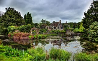 Картинка Великобритания, река, Scotney Castle, пейзаж, сад, парк, Замок Скотни, Кент, деревья