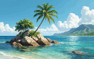 Картинка остров, пальма, уединённый, камни, рай, море, тропики, экзотика, пейзаж, ИИ, нейросеть, тропический, бирюза, 16:9, скалистый, пляж, скалы, горы, небо, растительность, 4k, берег, природа, 2k, лазурь, океан, горизонт, облака, волны, отдых, 1920х1080