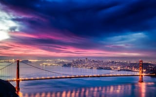 Картинка Сан-Франциско, мост, город, ночь, подсветка, мир, огни
