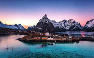 Картинка норвегия, гавань, пейзажи, снег, рассвет, восход солнца