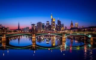 Картинка Германия, франкфурт, отражение, ночь, город, городской пейзаж, мост, современная архитектура, огни