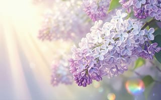 Картинка сирень, цветы, свежесть, фиолетовый, утро, блики, нежность, HD, ветка, листья, иллюстрация, рабочий стол, радужные круги, крупный план, романтика, весна, пастель, 4k, 16:9, эстетика, сияние, 2k, белый, сиреневый, нейросеть, солнечный свет, 1920х1080
