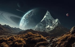 Картинка космос, пейзаж, фантастика, небо, нейросеть, вершина, футуризм, спутник, рабочий стол, луна, 16:9, долина, пик, Сатурн, холмы, звезды, галактика, горы, 1920х1080, ракета, 2k, полет, вселенная, научно-фантастический, кольца, трава, HD, ИИ, корабль