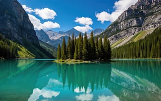 Картинка изумрудная вода, горное озеро, 4k, бирюзовое озеро, зеркальная гладь, 1920х1080, скалистые горы, 2k, пушистые облака, отражение в воде, нейросеть, гармония природы, ели, хвойный лес, северная природа, 16:9, горный ландшафт, суровые скалы, островки деревьев, ясное небо, природный пейзаж, ИИ, HD, рабочий стол, спокойная гладь, густой лес, горные склоны, чистая вода