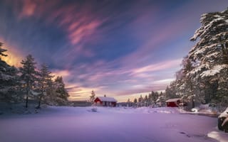Картинка Норвегия, дом, зима, пейзаж, закат, Скандинавия, озеро