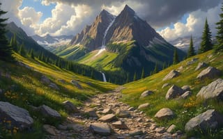 Картинка горы, долина, цветы, нейросеть, скалы, 16:9, путешествие, пики, вершины, водопад, хвойные деревья, солнечный свет, ели, 2k, высота, облака, 4k, пейзаж, горный воздух, камни, рабочий стол, ИИ, тропа, альпийская лужайка, природа, лес, величие, небо, трава, склоны, HD, дикая природа, 1920х1080, путь, зелень