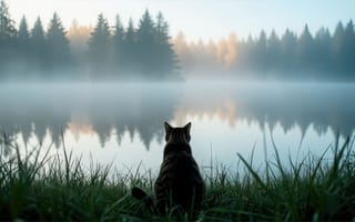 Картинка кошка, Табби, утренний туман, нейросеть, умиротворённый пейзаж, хвойный лес, рабочий стол, европейская короткошёрстная кошка, 2k, 4k, озеро, зелёные стебли, HD, спокойная вода, природа, отражение в воде, туман над озером, ИИ, высокая трава, 1920х1080, 16:9, водная гладь, мягкий свет, лесное озеро, кошка сидит спиной, силуэты деревьев, рассветные оттенки, кот на природе
