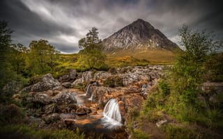 Картинка Буахале Этив Мор, закат, пейзаж, скалы, деревья, камни, Шотландия, водопад, река, горы