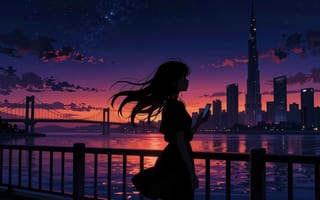 Картинка аниме, силуэт, отражение, атмосфера, рабочий стол, 4k, 2k, закат, ветер, романтика, мост, звёзды, город, ИИ, городской пейзаж, HD, 16:9, набережная, эстетика, 1920х1080, река, небоскрёбы, нейросеть, длинные волосы, девушка, небо, спокойствие, перила