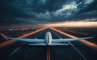 Картинка пассажирский самолёт, вид снизу, крылья самолёта, огни мегаполиса, световые следы, ночной город, атмосферный кадр, световые полосы, взлётная полоса, урбанистический пейзаж, ИИ, 1920х1080, 16:9, городские огни, драматичное небо, тёмные грозовые облака, перспектива дороги, нейросеть, кинематографичный ракурс, линия горизонта, 4k, контраст света и тьмы, HD, хвостовое оперение, городской пейзаж, плотные облака, 2k, рабочий стол, жёлтая разметка, дорожная разметка, оранжевое свечение, закатный