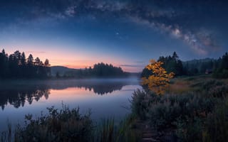 Картинка пейзаж, природа, деревья, отражение, нейросеть, красивый-пейзаж, млечный-путь, лес, зеркальная-вода, галактика, заставка-ПК, цифровая-графика, иллюстрация, туман, 16:9, рендеринг, ночное-небо, -для-рабочего-стола, озеро, HD-, осень, 2k, астрономия, река