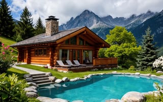 Картинка шале, деревянный дом, горный дом, каминная труба, альпийский стиль, сад, отдых, 1920х1080, 2k, бревенчатый дом, 4k, нейросеть, уединение, солнечный день, природа, горы, цветущие кусты, терраса, загородный дом, бассейн, шезлонги, HD, зелёная трава, хвойный лес, ели, ИИ, лето, горный пейзаж, 16:9, бирюзовая вода, уют, рабочий стол, панорамные окна, кладка, каменная кладка