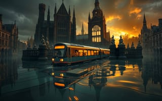 Картинка на природе, небом, сансет, отражением, вода, облачное небо, поезд, мост, транспортное средство, наземное транспортное средство, облако, башня, здание, без людей, пейзаэ