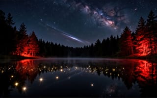 Картинка ночное небо, звёздное небо, хвойный лес, 2k, Млечный Путь, атмосферный снимок, 1920х1080, отражение звёзд, ИИ, HD, подсветка деревьев, водная гладь, рабочий стол, ночной пейзаж, силуэты деревьев, звёздные блики, звёздные отражения, природа ночью, ели, туман над водой, космическая сцена, зеркальная поверхность, мистическая атмосфера, комета, тёмный лес, 4k, красный свет, 16:9, озеро, падающая звезда, лесное озеро, нейросеть, сосны