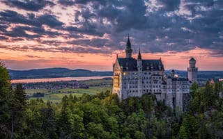 Картинка закат, небо, баварский сказочный замок Нойшванштайн