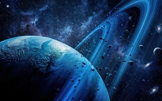 Картинка космос, пейзаж, нейросеть, голубой, камни, научно-фантастический, Сатурн, рабочий стол, астероиды, галактика, тьма, кольца планеты, Нептун, орбита, туманность, 1920х1080, Уран, фантастика, звезды, млечный путь, пыль, газовый гигант, планета, 4k, кольца