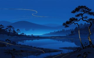 Картинка ночной пейзаж, синий цвет, традиционный стиль, рабочий стол, лес, японская эстетика, 1920х1080, силуэт, 16:9, природа, восточная живопись, озеро, туман, вода, умиротворяющий, спокойствие, отражение, 2k, минимализм, нейросеть, сосна, HD, пейзаж, горы, ИИ, визуальное искусство, гравюра, монохром, художественная иллюстрация, японская гравюра, сумеречный свет, умиротворение, арт, 4k
