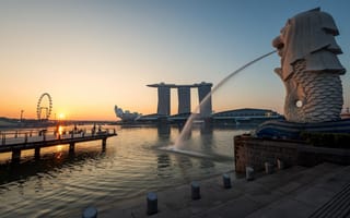 Картинка сингапур, современные здания, статуя, небоскреб, архитектура, бесплатные, закат, город