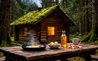 Картинка лес, домик в лесу, HD, деревянный стол, уют, крыша, тепло, нейросеть, 4k, рабочий стол, охотничий домик, бревенчатая стена, 1920х1080, мёд, мох, кружка, 16:9, картофель, ИИ, завтрак, завтрак на природе, 2k, пар, еда на свежем воздухе, хвойные деревья, яичница, природа, деревенский стиль, дым из трубы, утренняя атмосфера, стеклянная бутылка, изба, отдых на природе, бекон, спокойствие