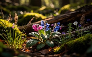 Картинка лес, медуница, солнечный свет, мох, лесной свет, рабочий стол, весенние цветы, флора, HD, 2k, детали природы, макро, дикорастущие растения, лесная поляна, нейросеть, 4k, зелень, синие цветы, яркие краски, лесное утро, трава, ИИ, природа, розовые цветы