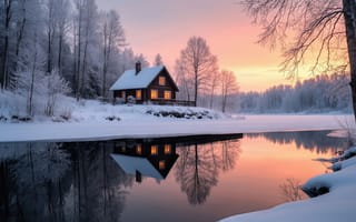 Картинка зимний пейзаж, заснеженный лес, тёплый свет в окнах, отражение домика, розовое небо, иней на ветвях, ИИ, уютный дом, хвойные и лиственные деревья, заснеженный берег, заснеженные деревья, рассвет, деревянный домик, безмятежная атмосфера, HD, 16:9, 4k, деревянный забор, 2k, оранжевые отблески, зимний покой, высокие деревья, нейросеть, 1920х1080, дымоход на крыше, рабочий стол, замёрзшее озеро, зеркальная гладь