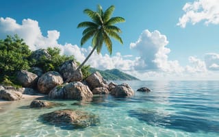 Картинка кокосовая пальма, пальма, 4k, лагуна, ИИ, море, необитаемый остров, рай, природа, солнце, джунгли, курорт, нейросеть, туризм, побережье, HD, жара, путешествие, прозрачная вода, отдых, берег, Мальдивы, бирюзовая вода, дикий пляж, волны, лето, горы, камни