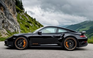 Картинка Porsche 911 Turbo S, задний спойлер, скалистый рельеф, пасмурное небо, контрастные акценты, природное окружение, 2k, динамичный ракурс, 1920х1080, чёрные диски с оранжевой окантовкой, урбанистично-природный контраст, HD, спортивная эстетика, оранжевые тормозные суппорты, горный пейзаж, глянцевая поверхность кузова, рабочий стол, культовый дизайн, зелёные склоны, аэродинамический обвес, шильдик GTSS, нейросеть, асфальтовая дорога, воздухозаборники, премиальный автомобиль, 16:9, чёрный спорткар, 