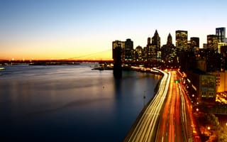 Картинка чайнатаун, Манхэттен, световой пейзаж, Нью-Йорк, город, манхэттенский мост
