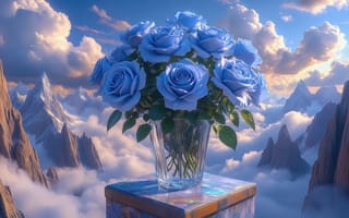 Картинка синие розы, голубые розы, лучи солнца, рабочий стол, лепестки, натюрморт, 1920х1080, стеклянная ваза, облака, острые пики, 16:9, ИИ, букет синих роз, прозрачная ваза, величественные горы, стебли, природный ландшафт, цветы, 2k, HD, нейросеть
