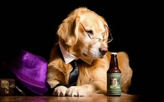 Картинка стол, собака, очки, юмор, пиво, шляпа