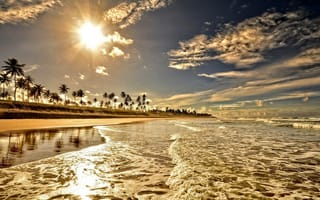 Картинка остров и пальмы, волны, вечер, солнце