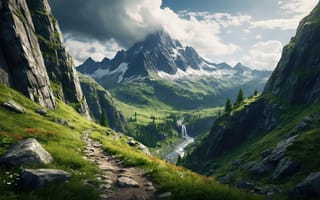 Картинка горный пейзаж, горы, снежные пики, заснеженные вершины, сочная трава, облака, рабочий стол, валуны, горная долина, водопад, ИИ, изумрудная зелень, хвойные деревья, 4k, природный ландшафт, драматичное небо, нейросеть, суровые скалы, горные хребты, скалистые склоны, реалистичный пейзаж, извилистая тропа, каскадный водопад, альпийский луг, 2k, HD, 16:9, 1920х1080