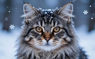 Картинка пушистый кот, янтарные глаза, ИИ, 16:9, рабочий стол, мордочка кота, взгляд кота, 4k, холодный оттенок, зимний пейзаж, HD, размытый, полосатая шерсть, нейросеть, густой мех, снежинки, зимняя атмосфера, снежная погода, 1920х1080, нос кота, длинные усы, зимний кот, кот зимой, пушистая шерсть, сибирский кот, 2k, снег на шерсти, стоячие уши