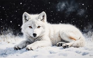Картинка янтарные глаза, густая шерсть, заснеженная земля, зимний холод, сухая трава под снегом, ИИ, 1920х1080, пристальный взгляд, пушистый волк, следы на снегу, 16:9, текстура меха, HD, падающие снежинки, подушечки лап, белый полярный волк, 4k, 2k, тёмное небо, зимний пейзаж, нейросеть, контрастные тени, рабочий стол, морозный, ночной пейзаж, снег, острые уши, безмолвие природы