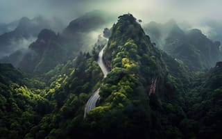 Картинка Китай, Азия, небо, ИИ, Чжанцзяцзе, серпантин, облака, зелень, асфальт, лес, туризм, скалы, дымка, пасмурно, пейзаж, хребет, дрон, HD, шоссе, Тяньмэнь, 2k, туман, джунгли, атмосфера, кроны, путешествие, 1920х1080, ущелье, мистика, изгиб, горы, 16:9, 4k
