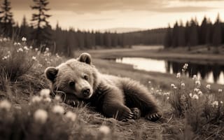 Картинка бурый медвежонок, милый медвежонок, пушистое животное, 4k, белые полевые цветы, лесная идиллия, атмосферный кадр, ретро стиль, сепия, озеро в лесу, природный пейзаж, бурый медведь, лесной пейзаж, HD, гармония с природой, красота природы, 16:9, дикие животные, детёныш медведя, 1920х1080, ИИ, хвойный лес, безмятежная природа, 2k, рабочий стол, отдых медвежонка, нейросеть, умиротворение, медвежонок в лесу, дикая природа, природа России, цветы в дикой природе, спокойствие в лесу