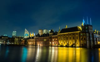 Картинка нидерланды, свет, бинненхоф, город, вода, отражение, ночь