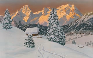 Картинка горы, зима, холст, пейзажи, произведение искусства, масляная краска, алоис арнеггер, дом, реалистичный
