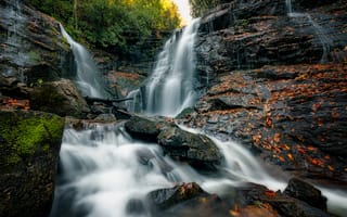 Картинка Soco Falls, природа, Cherokee, деревья, пейзаж, водопад, скалы, течение, North Carolina, поток