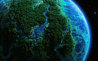 Картинка планета, космос, живая зеленая планета из космоса, 16:9, 4k, сияние, 1920х1080, фантастика, леса, HD, экзопланета, вид сверху, вселенная, джунгли, нейросеть, рабочий стол, научно-фантастический, экология, атмосфера, концепт-арт, природа, материк, орбита