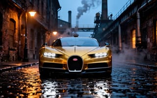 Картинка суперкар, индустриальный пейзаж, золотой Bugatti Chiron, окна с подсветкой, фабричные трубы, фары автомобиля, 1920х1080, уличные фонари, 16:9, решётка радиатора, ИИ, лёгкая дымка, кирпичные здания, рабочий стол, городской антураж, 2k, логотип Bugatti